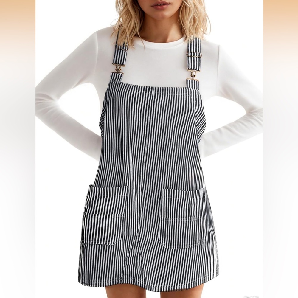 Casual Denim Dress . Adjustable Straps Jean Dresses with‎ Pockets